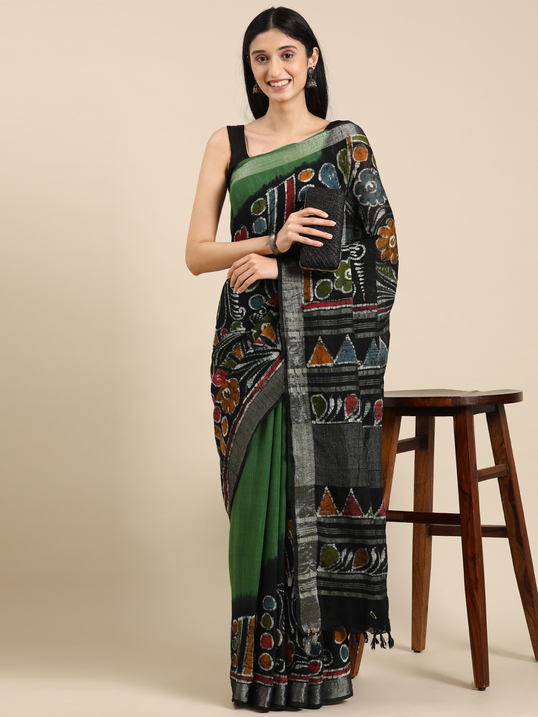 

Mitera Batik Zari Linen Blend Bhagalpuri Saree, Green