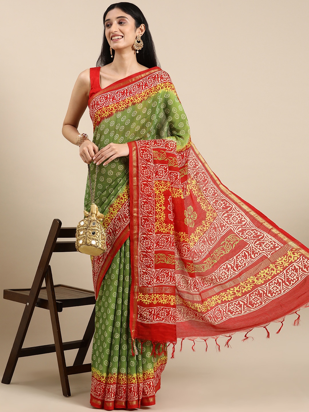 

Mitera Ethnic Motifs Zari Pure Silk Chanderi Saree, Green