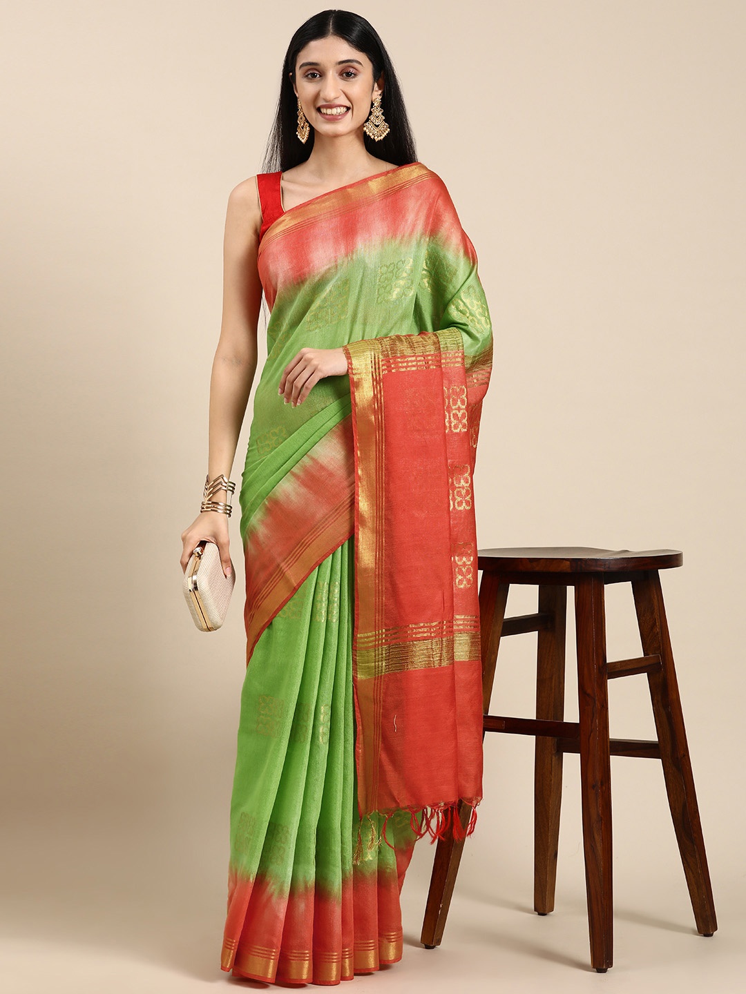 

Mitera Woven Design Zari Linen Blend Bhagalpuri Saree, Green