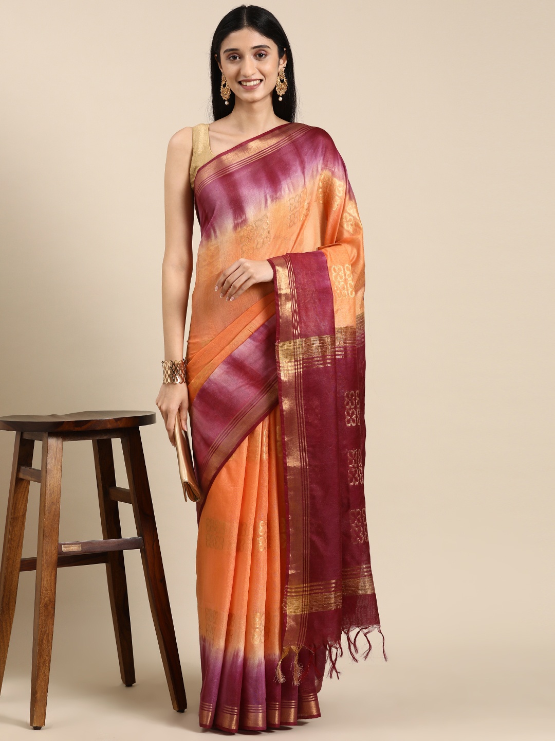 

Mitera Woven Design Zari Linen Blend Bhagalpuri Saree, Orange