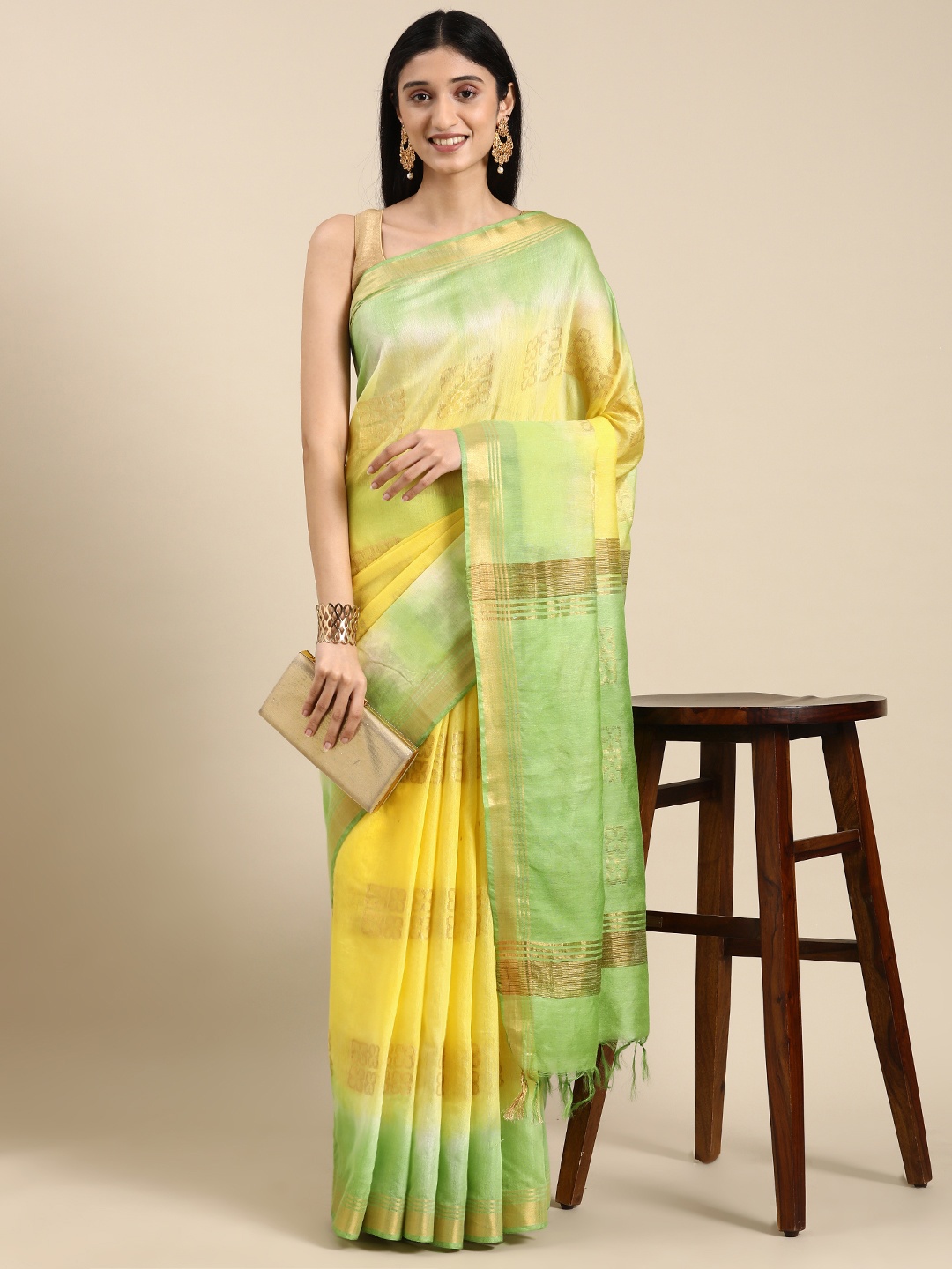 

Mitera Woven Design Zari Linen Blend Bhagalpuri Saree, Yellow