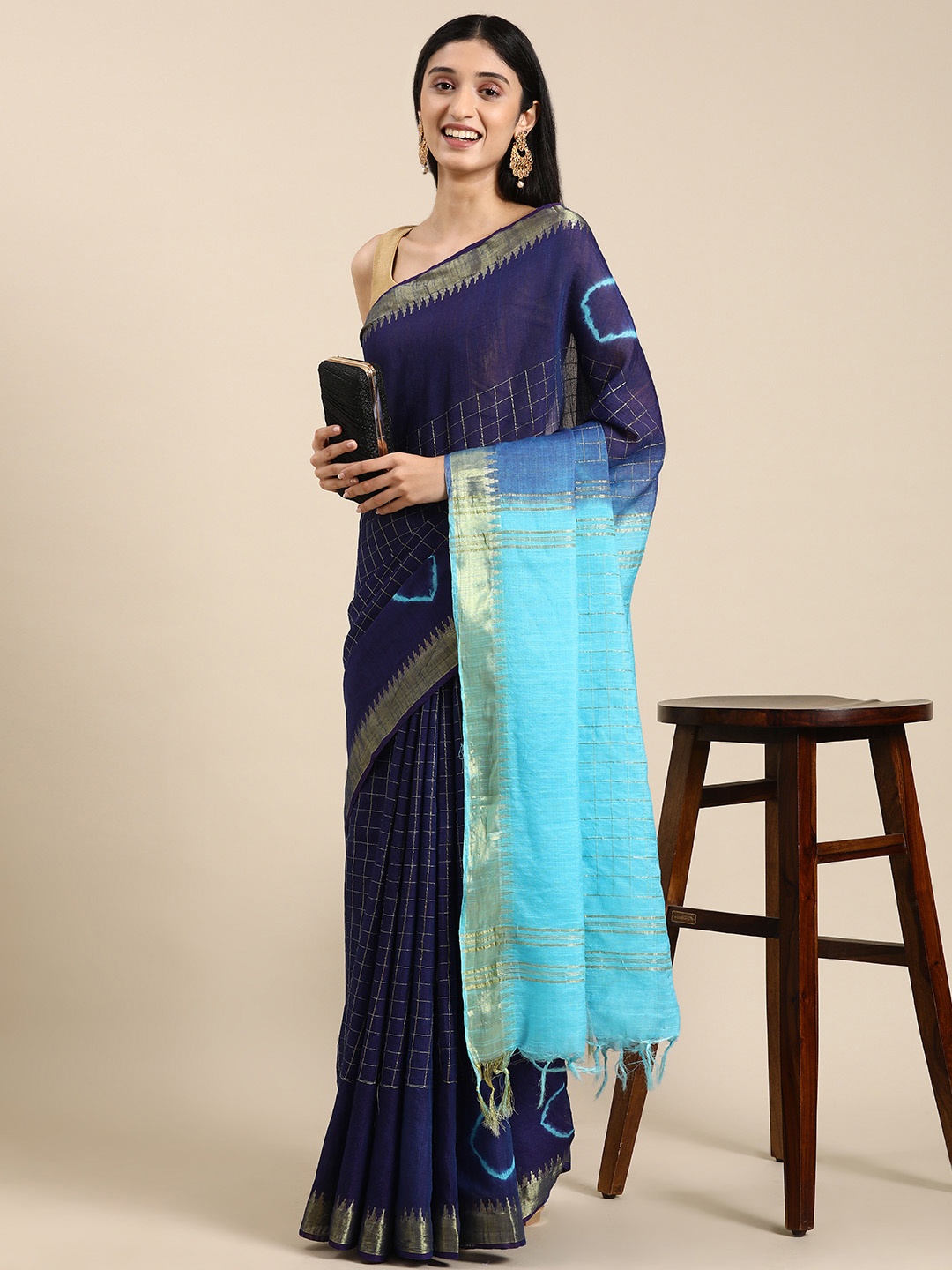 

Mitera Checked Zari Linen Blend Mangalagiri Saree, Blue