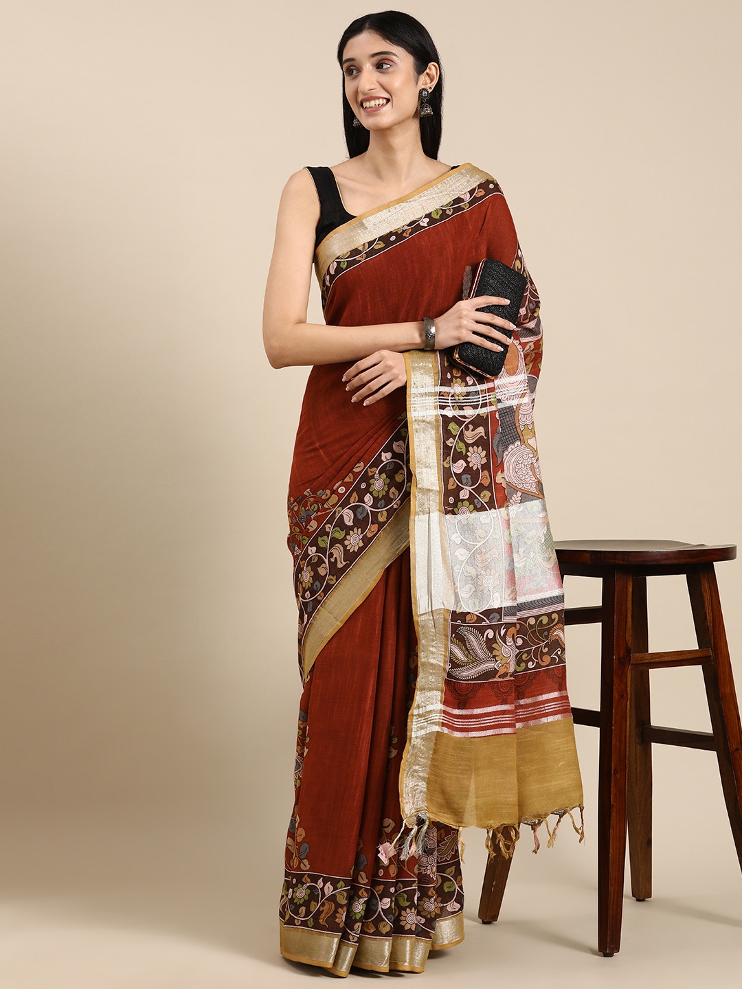 

Mitera Kalamkari Zari Linen Blend Bhagalpuri Saree, Red