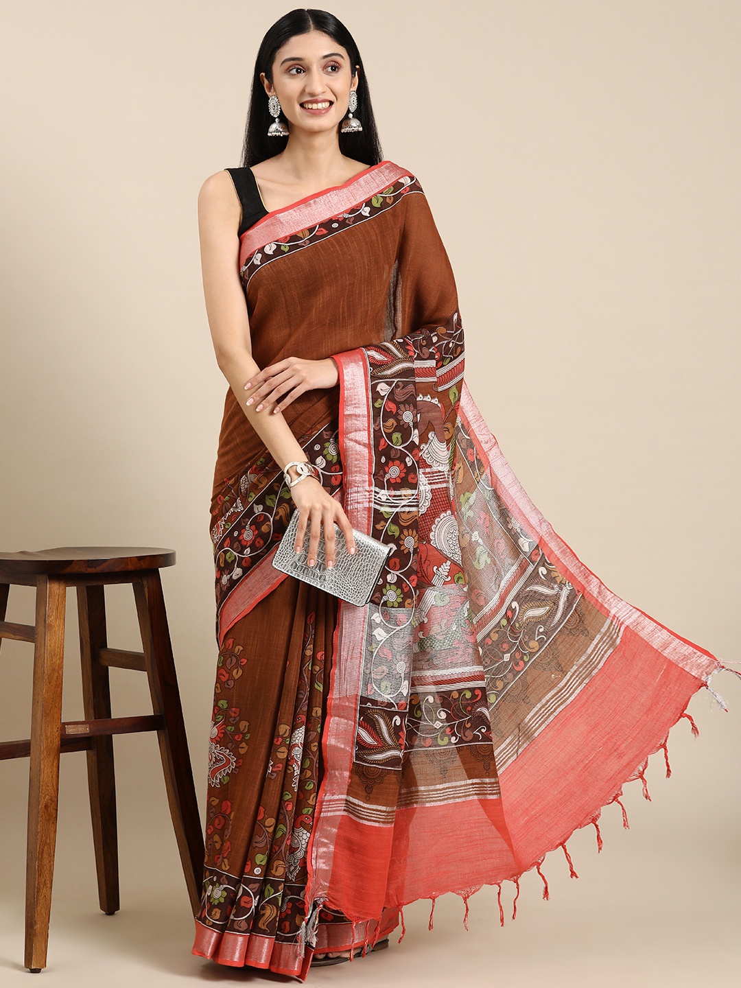 

Mitera Kalamkari Zari Linen Blend Bhagalpuri Saree, Brown