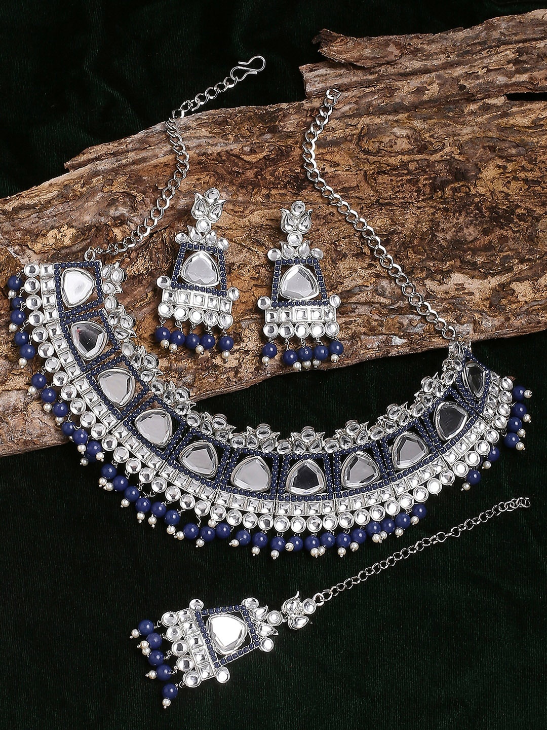 

VATSALYA creation Rhodium-Plated Stone-Studded Jewellery Set, Blue