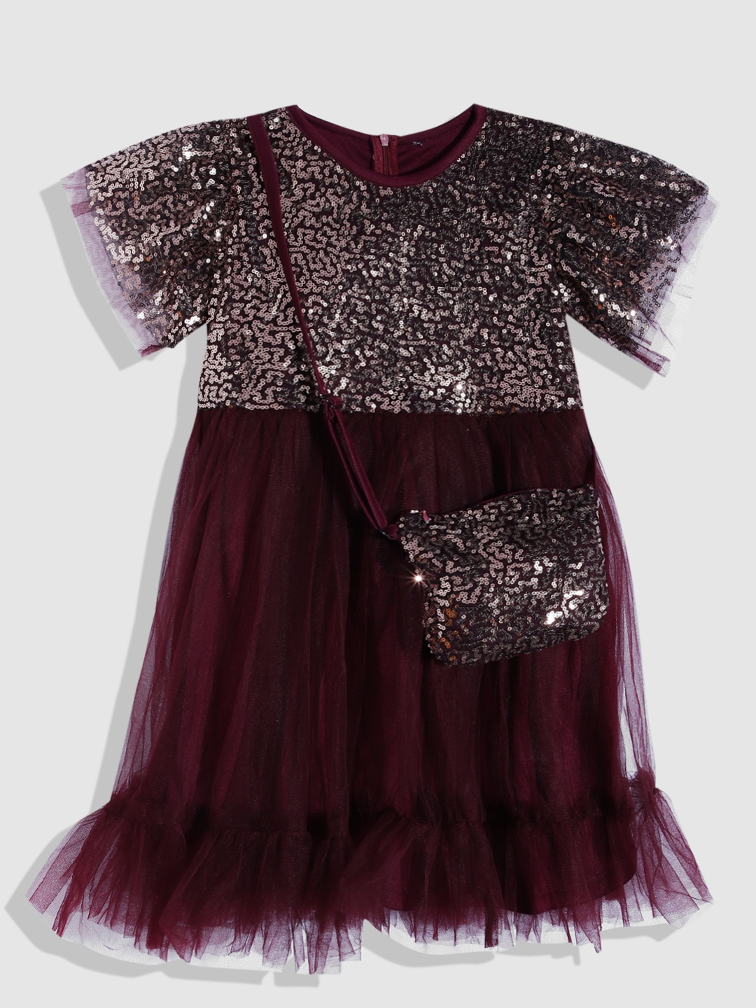 

YK Girls Embellished Sequined Net Midi Dress, Maroon