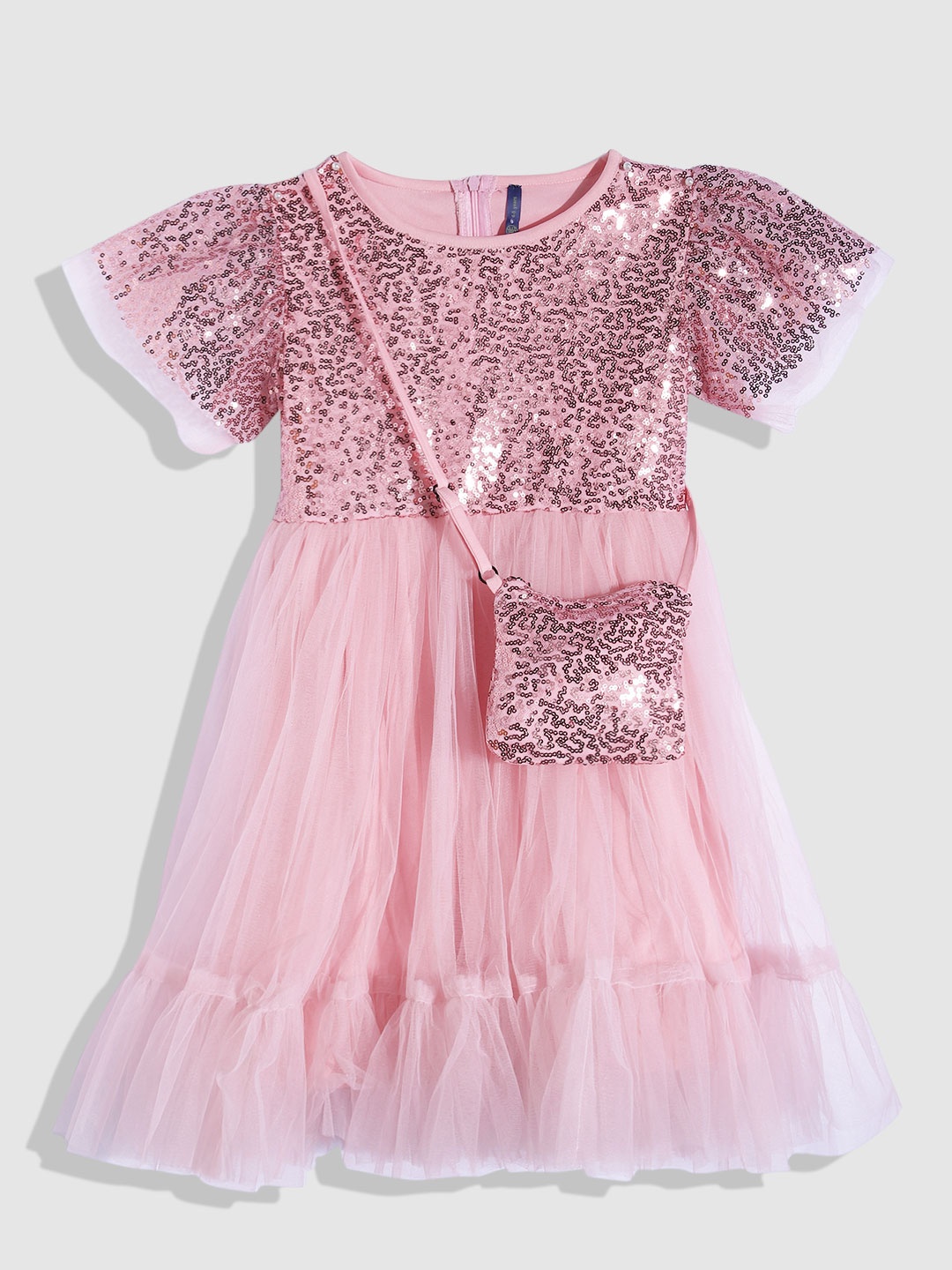 

YK Girls Embellished Sequined Net Midi Dress, Pink