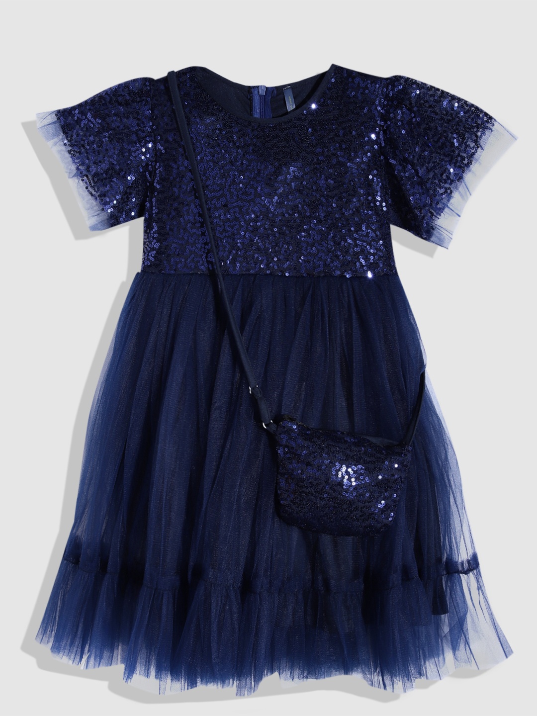 

YK Girls Embellished Sequined Net Midi Dress With Bag, Navy blue