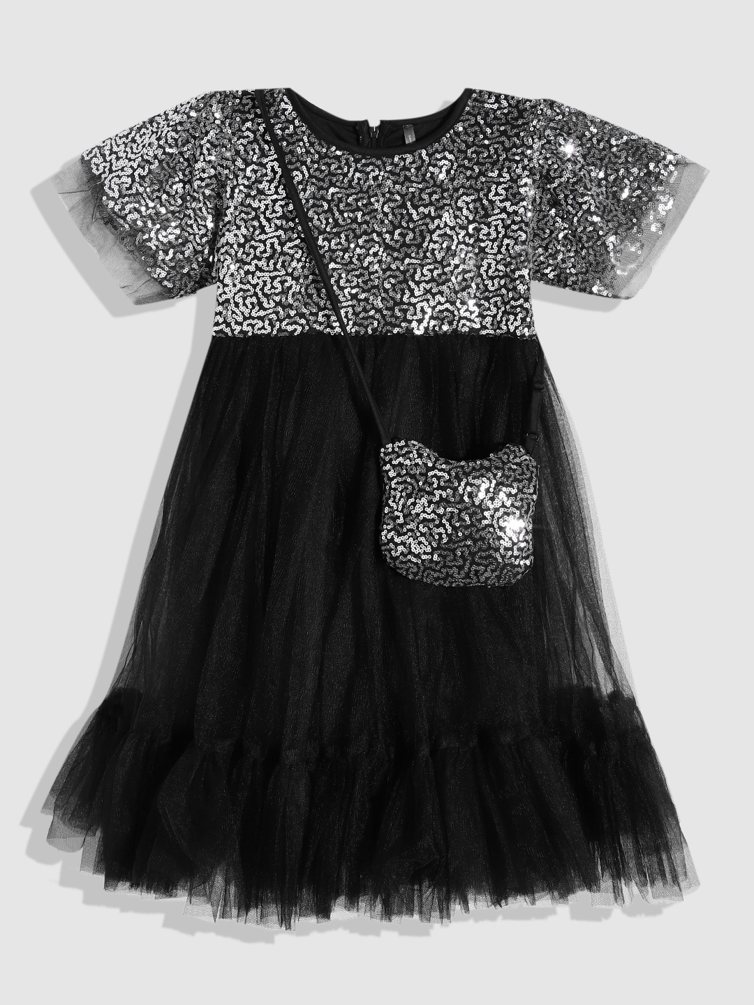 

YK Girls Embellished Sequined Net Midi Dress, Black