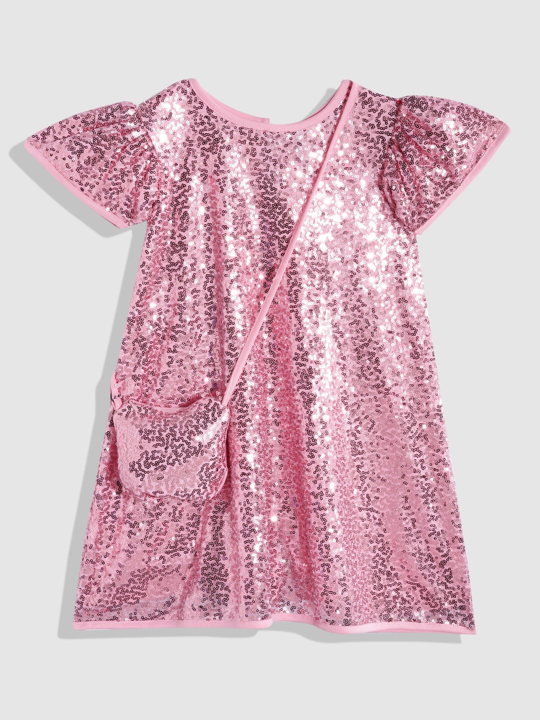 

YK Girls Embellished Sequined Net A-Line Dress With Bag, Pink