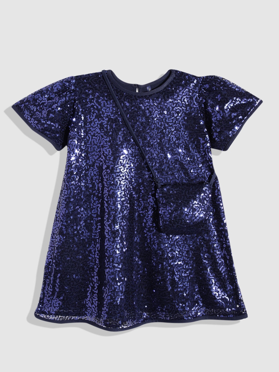 

YK Girls Embellished Sequined Net A-Line Dress With Bag, Navy blue
