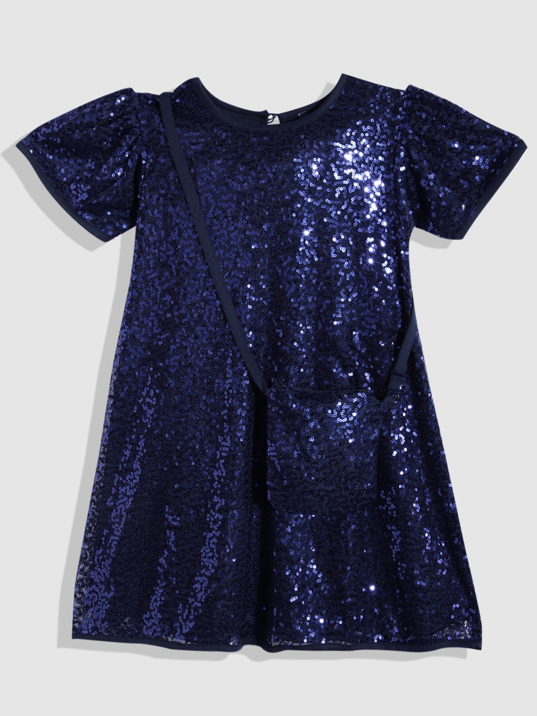 

YK Girls Embellished Sequined Net A-Line Dress With Bag, Navy blue
