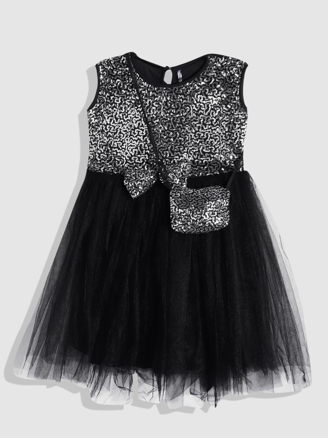 

YK Girls Embellished Sequined Net Midi Dress With Bag, Black