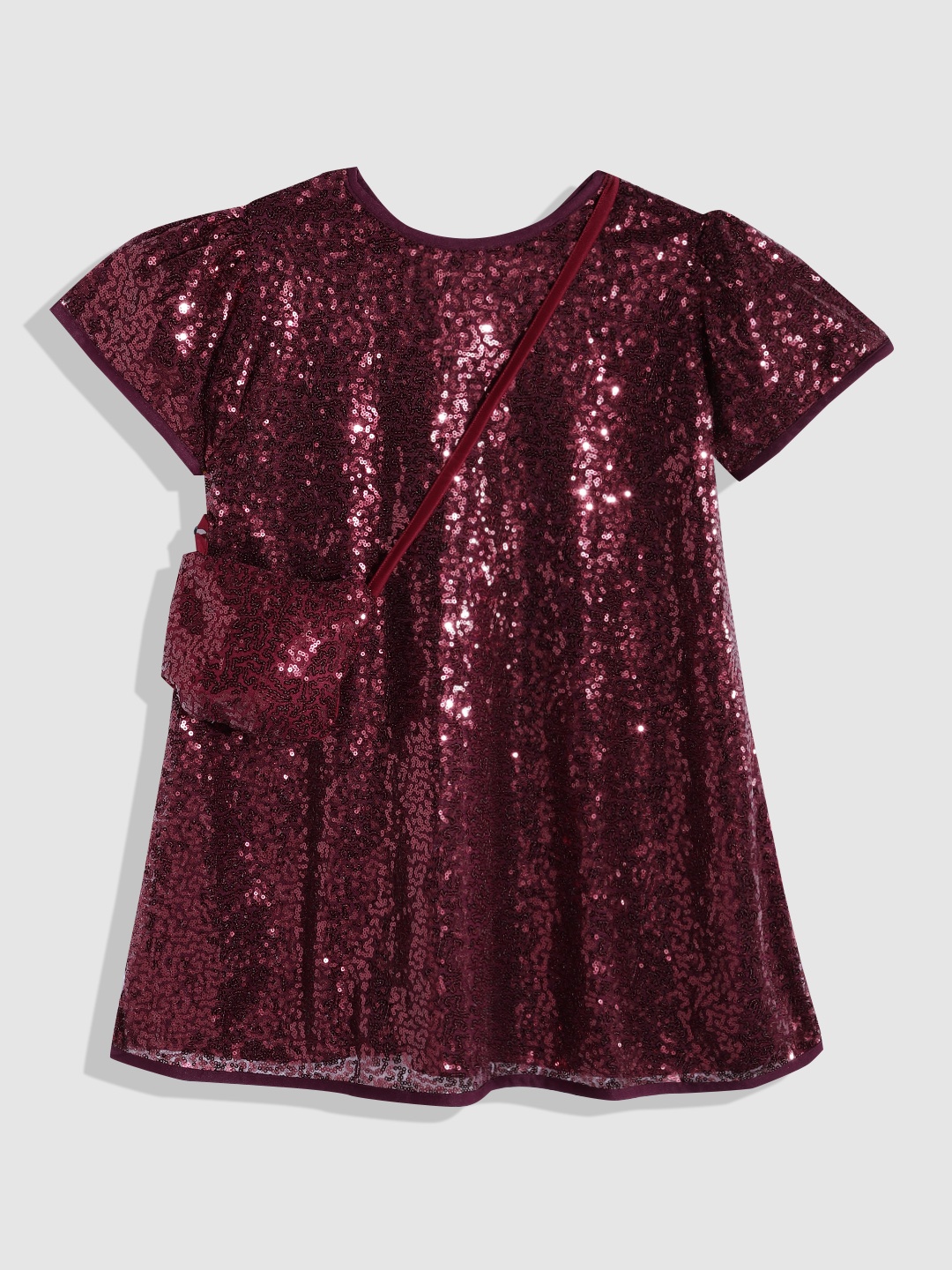 

YK Girls Embellished Sequined Net A-Line Dress With Bag, Maroon