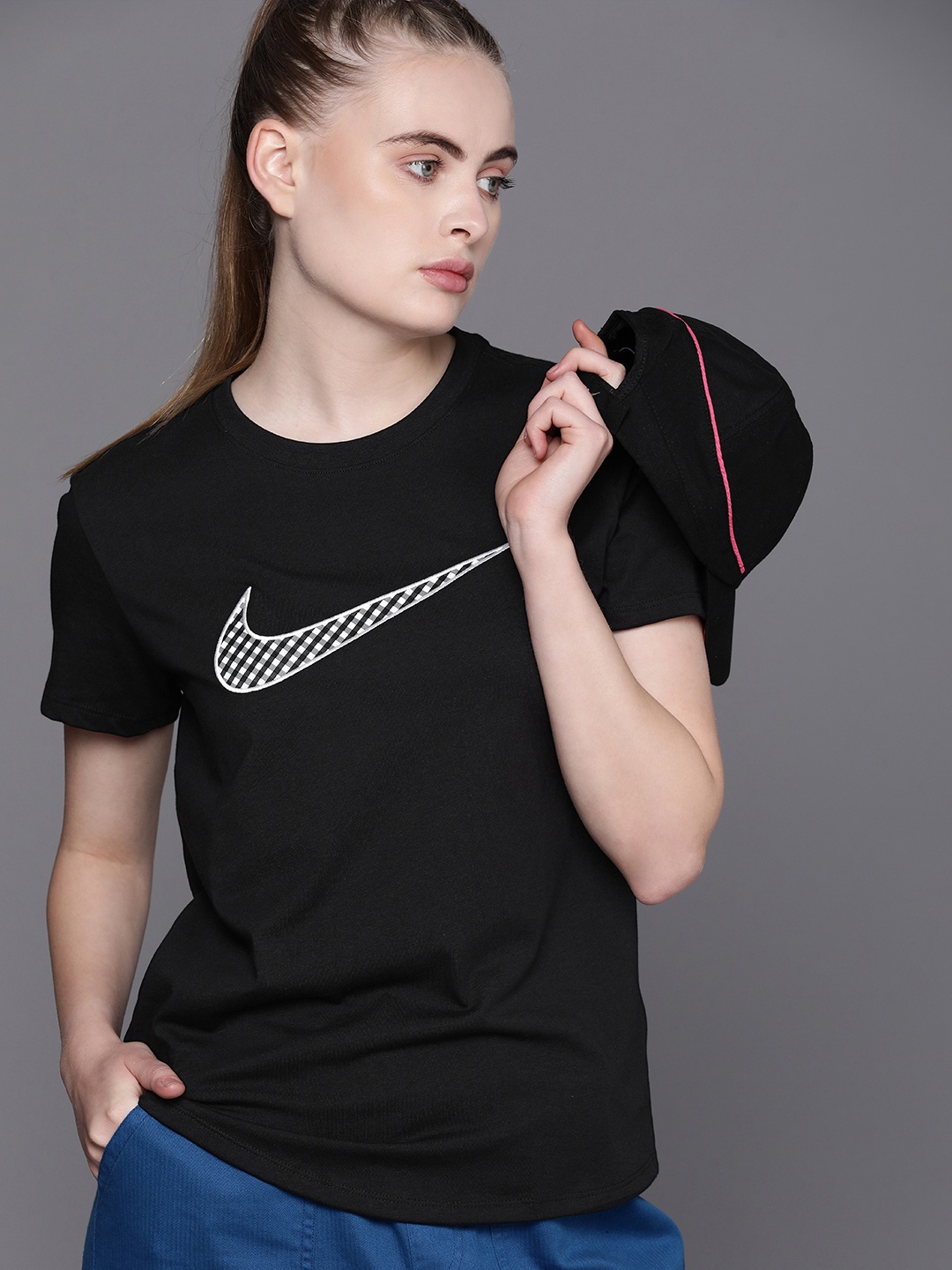 

Nike Women Pure Cotton Sports T-shirt With Embroidered Detail, Black