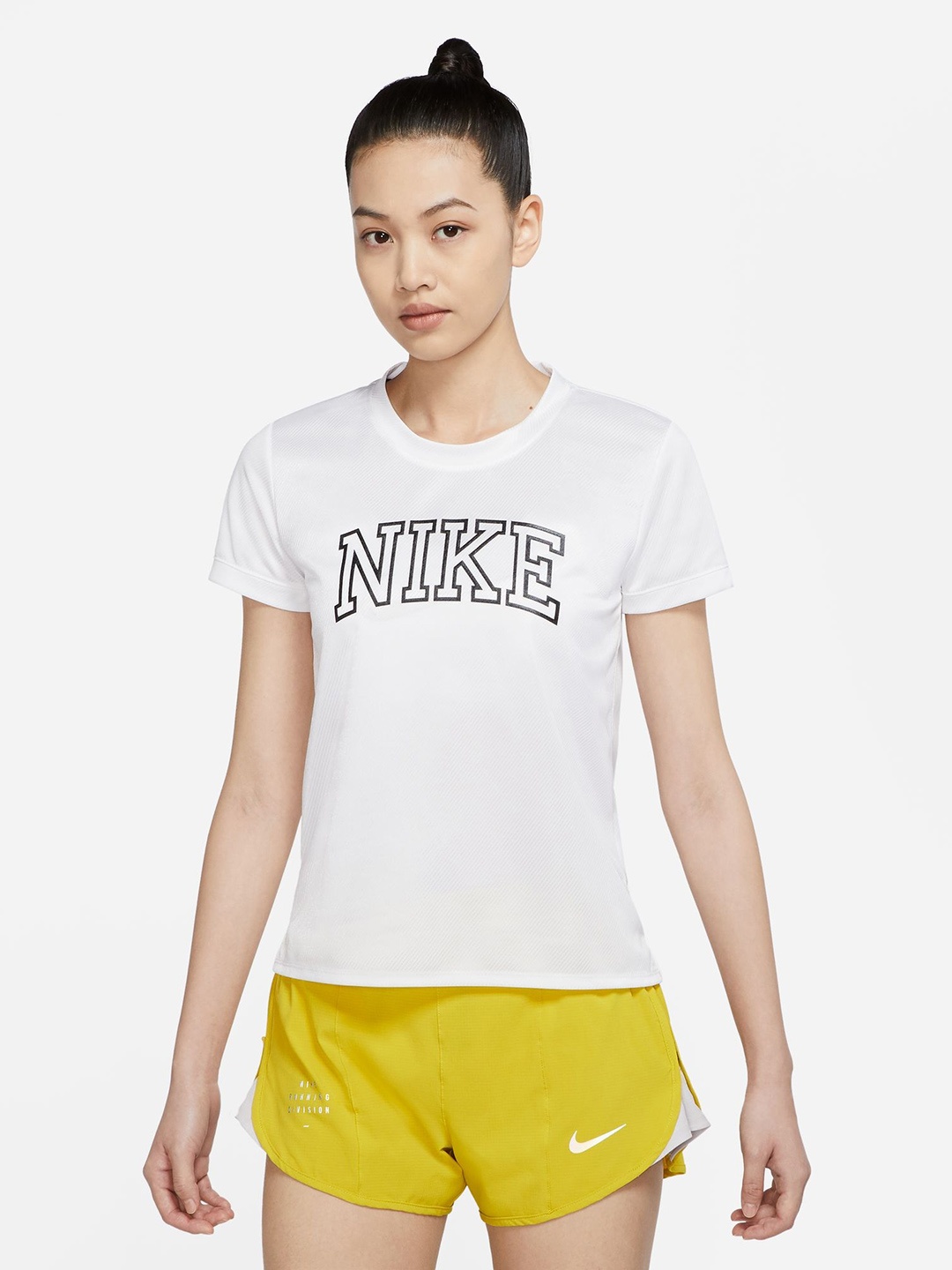 Nike Women Brand Logo Printed SWOOSH SS Dri-FIT Running T-shirt, White