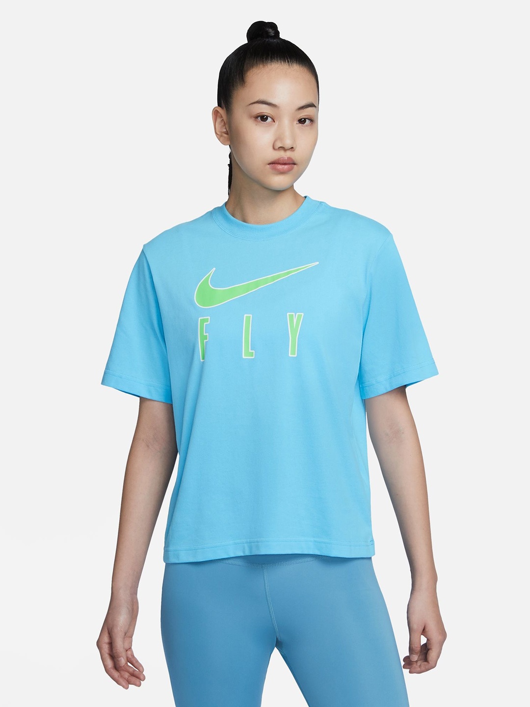 

Nike Graphic Printed Dri-FIT Swoosh Fly Boxy Top, Blue