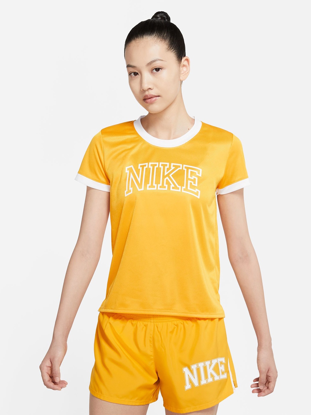 

Nike Women Brand Logo Printed Dri-FIT SWOOSH SS Running T-shirt, Yellow