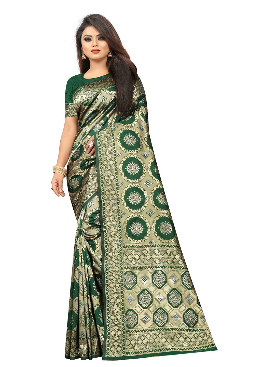 

Vrundavan ethics Ethnic Motifs Zari Art Silk Leheriya Saree, Green