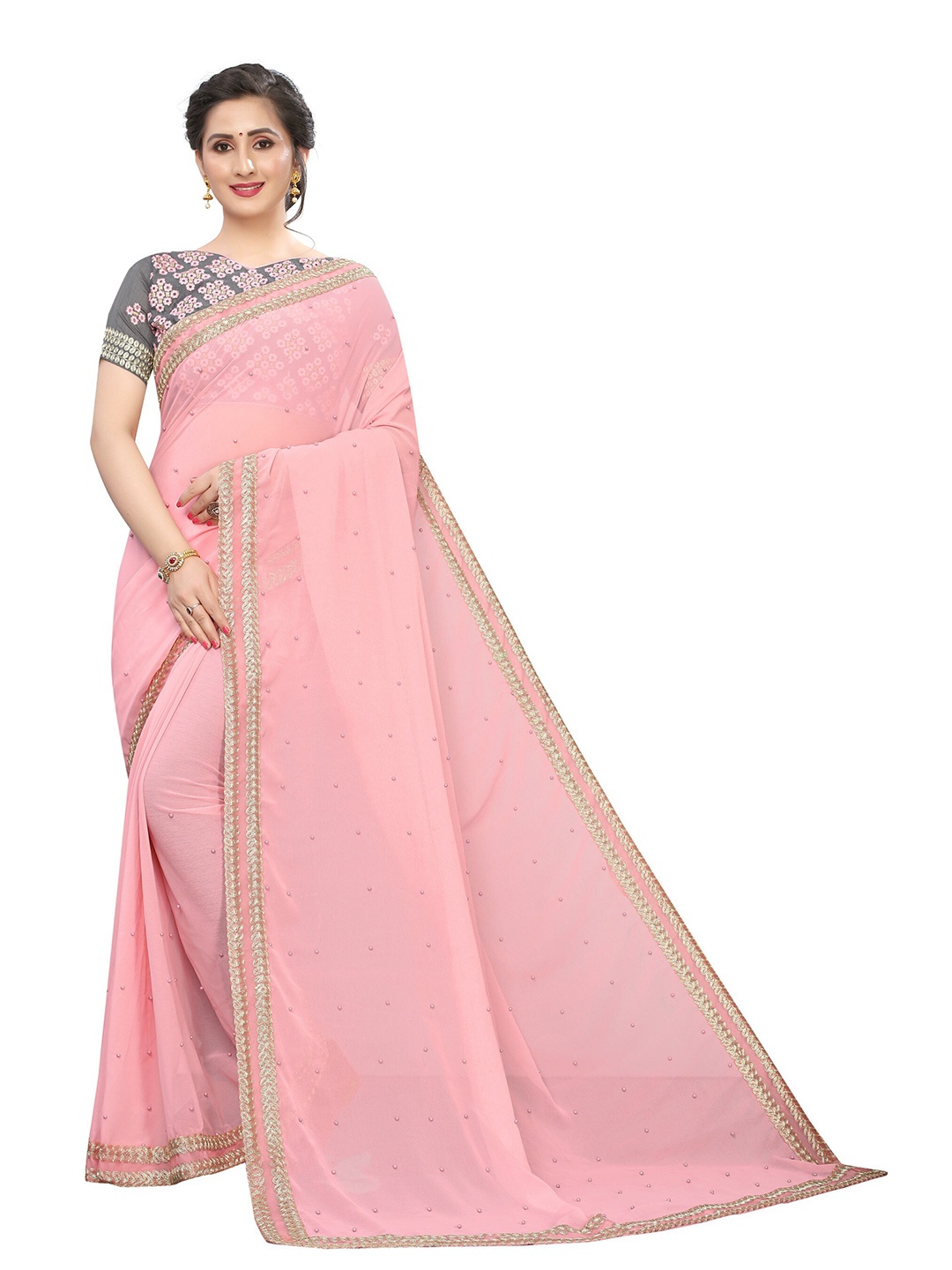 

Vrundavan ethics Embellished Beads and Stones Pure Georgette Leheriya Saree, Pink