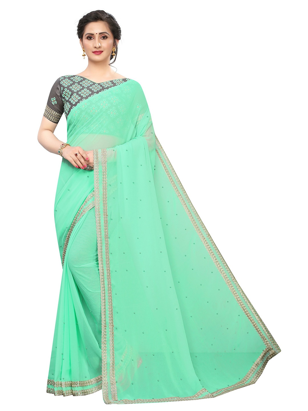 

Vrundavan ethics Embellished Beads and Stones Pure Georgette Leheriya Saree, Sea green