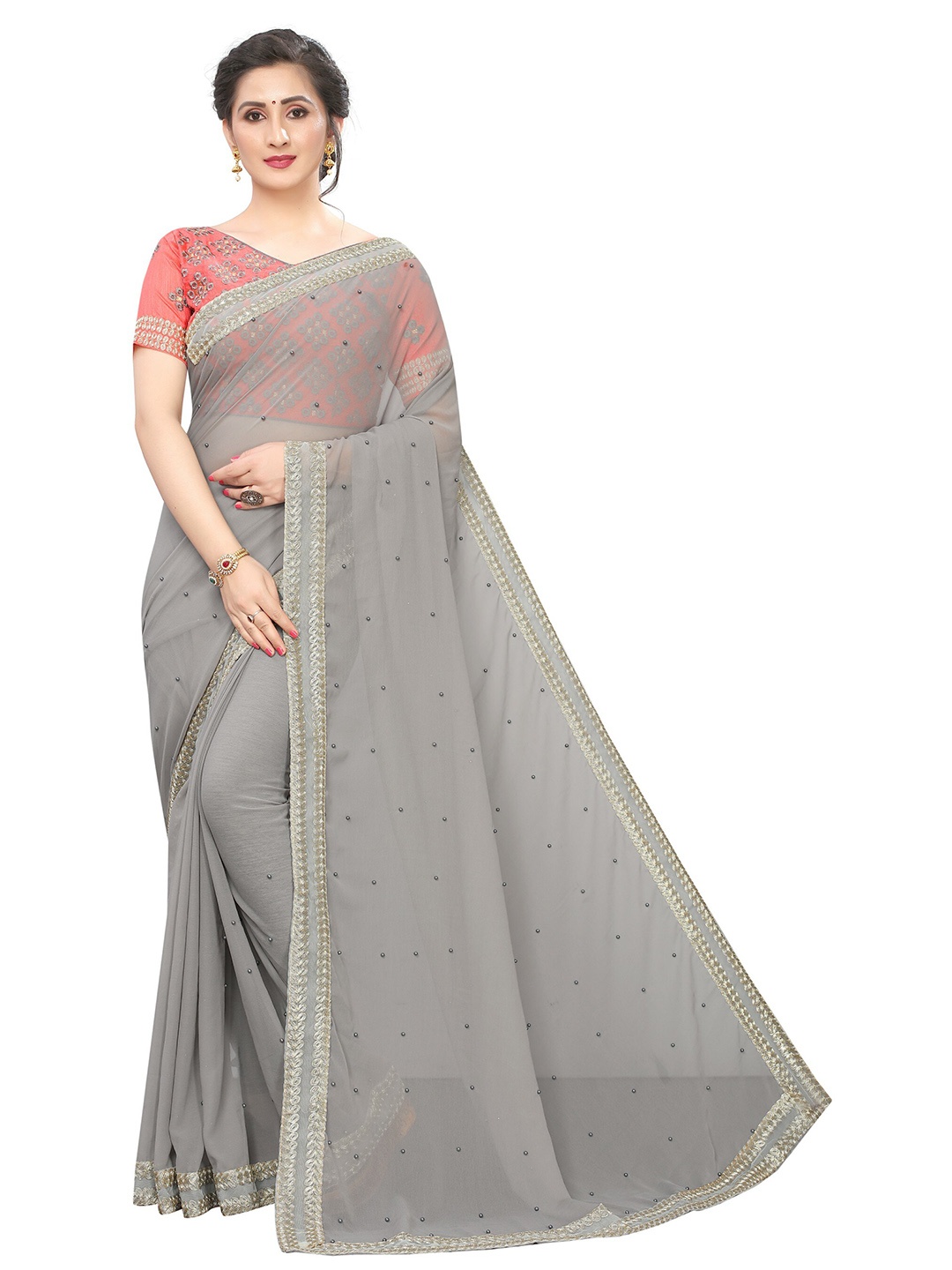 

Vrundavan ethics Embellished Beads and Stones Pure Georgette Leheriya Saree, Grey