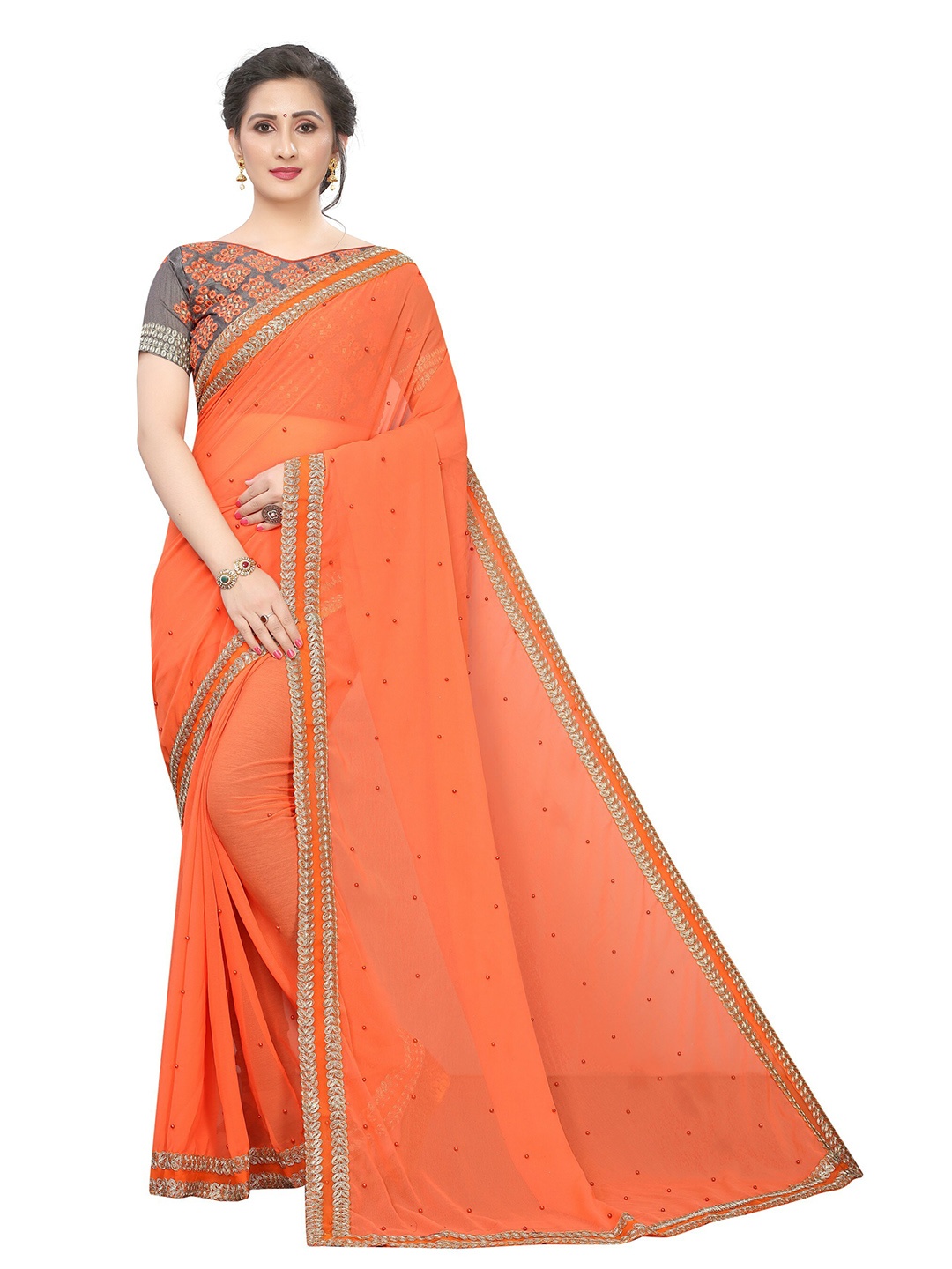 

Vrundavan ethics Embellished Beads and Stones Pure Georgette Leheriya Saree, Orange