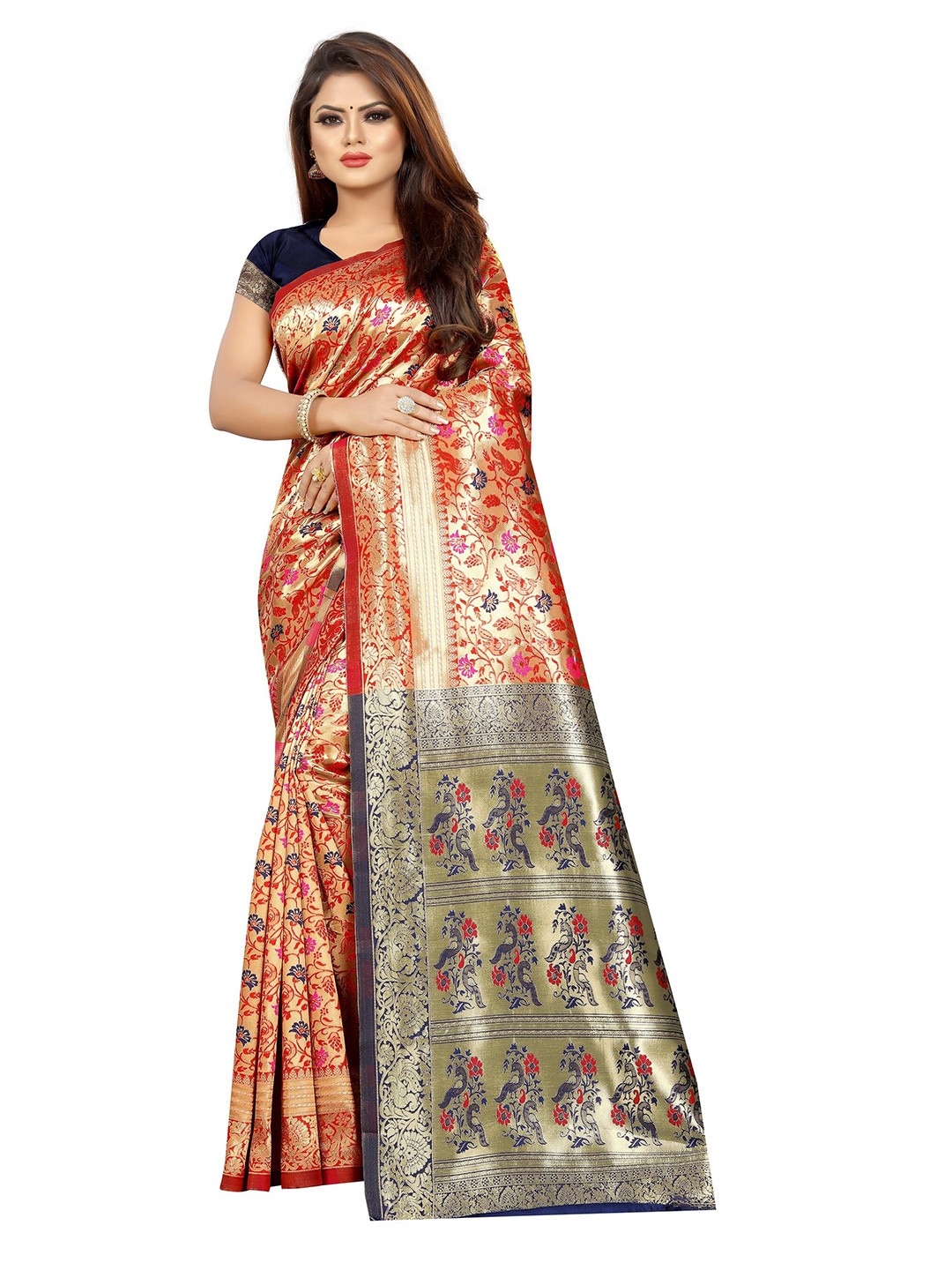 

Vrundavan ethics Ethnic Motifs Zari Art Silk Kanjeevaram Saree, Navy blue