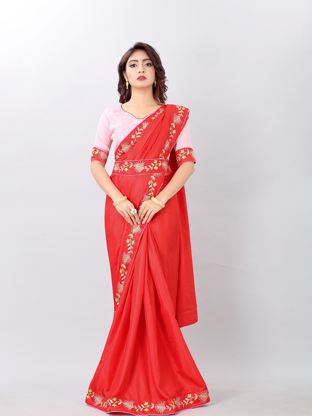 

Vrundavan ethics Floral Embroidered Art Silk Leheriya Saree, Red