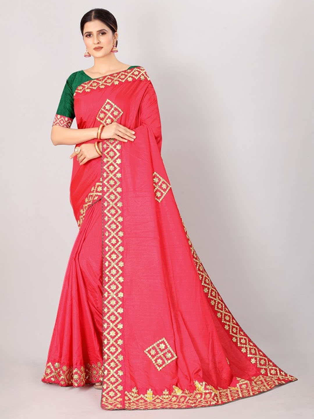 

Vrundavan ethics Embroidered Art Silk Leheriya Saree, Pink