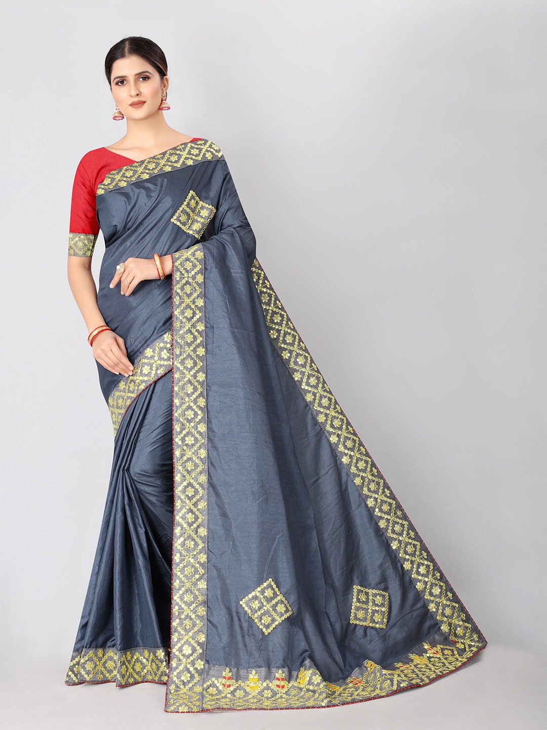 

Vrundavan ethics Embroidered Art Silk Leheriya Saree, Grey