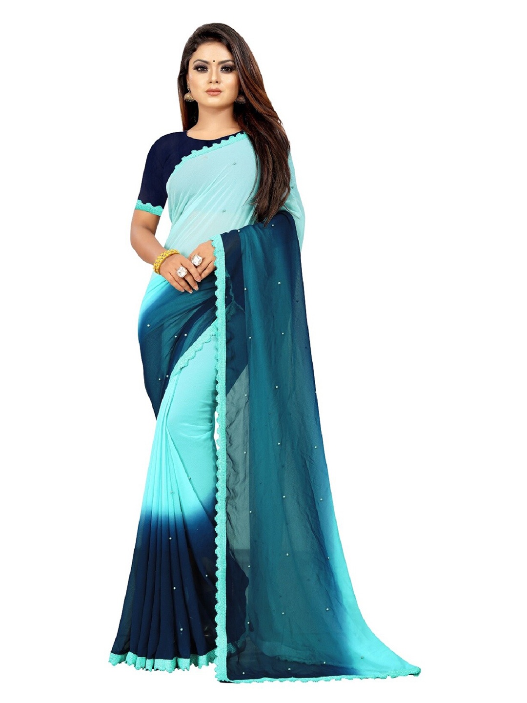 

Vrundavan ethics Embellished Beads and Stones Pure Georgette Leheriya Saree, Sea green