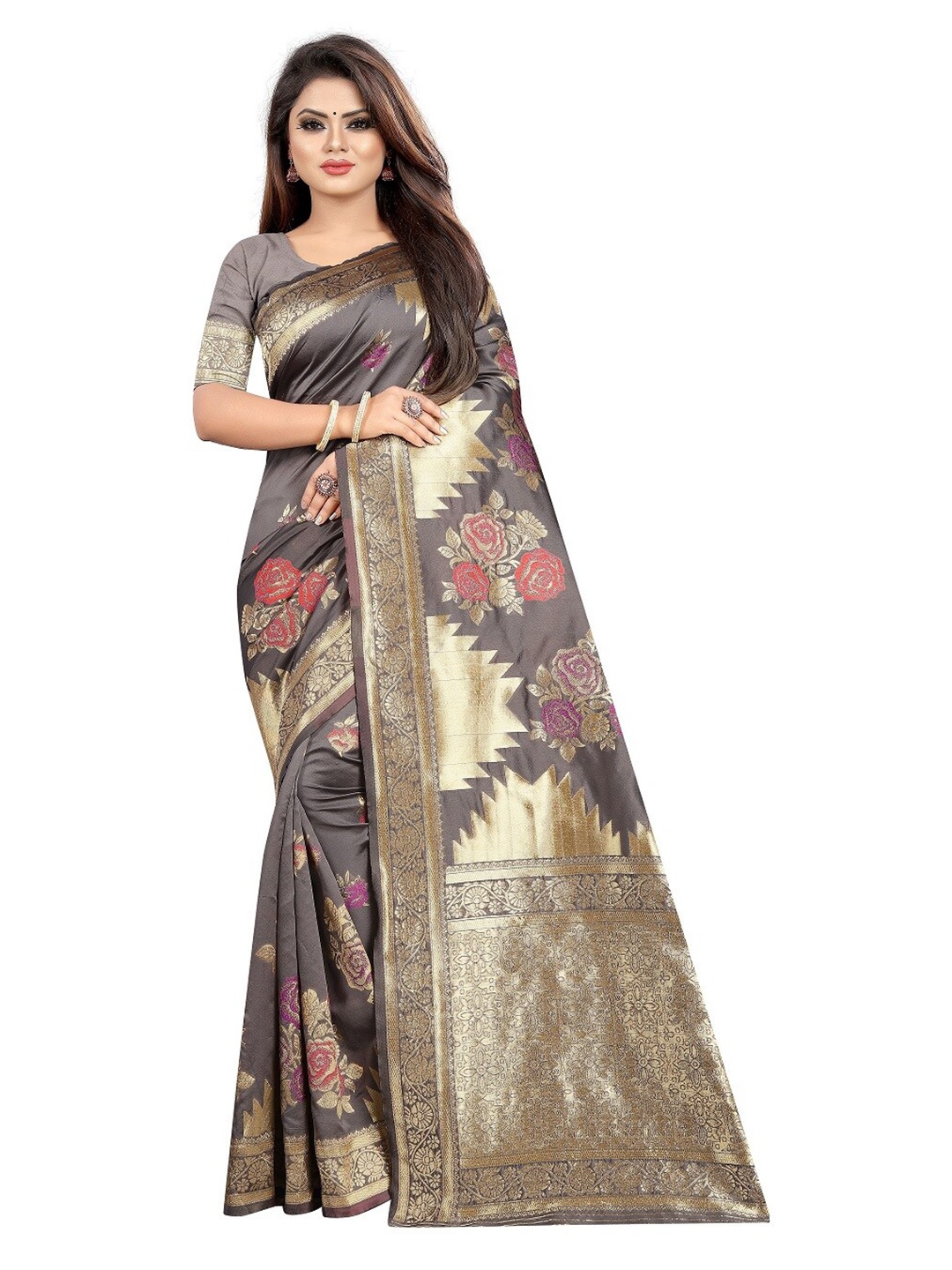 

Vrundavan ethics Floral Zari Art Silk Leheriya Saree, Grey