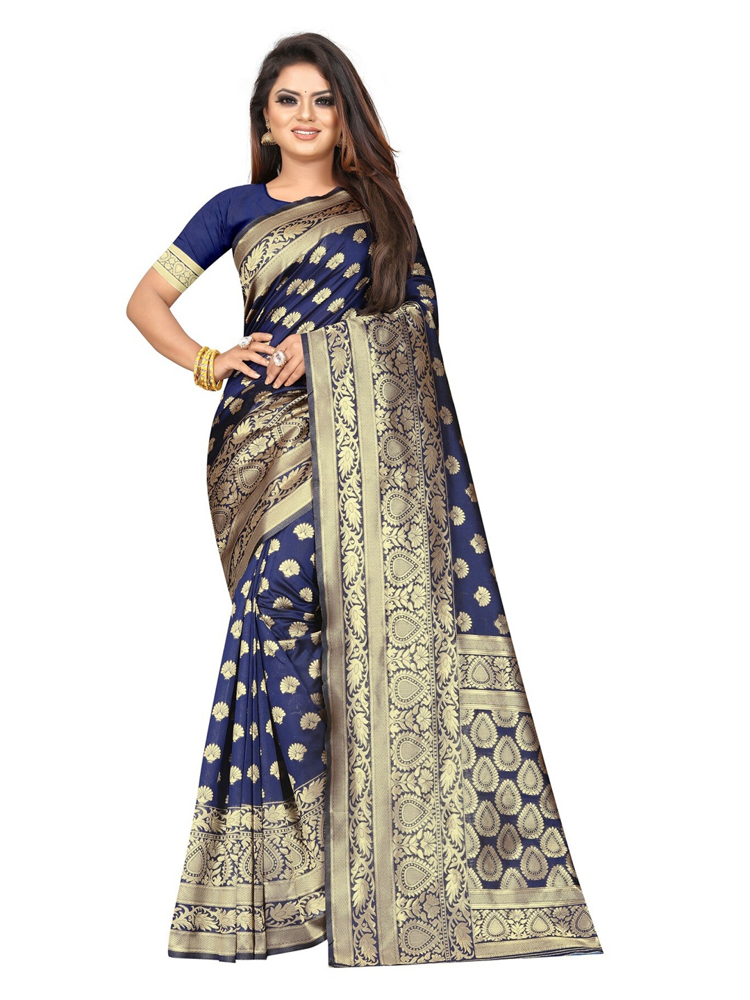 

Vrundavan ethics Floral Zari Art Silk Kanjeevaram Saree, Navy blue