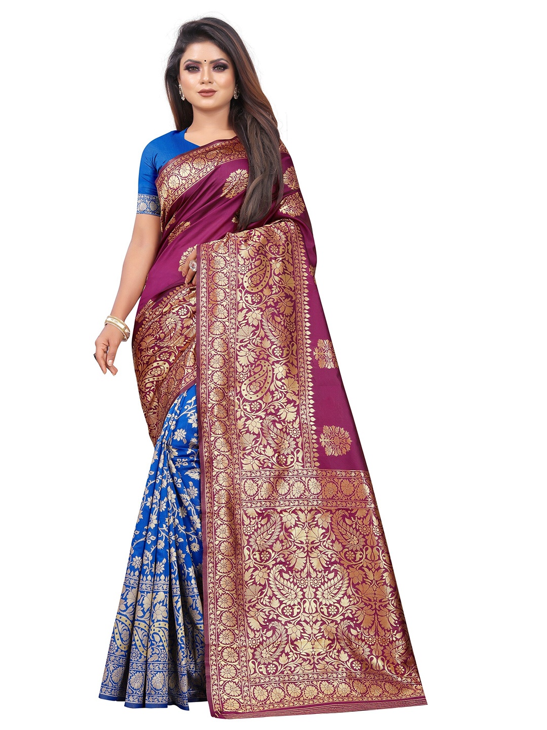 

Vrundavan ethics Floral Zari Art Silk Leheriya Saree, Magenta