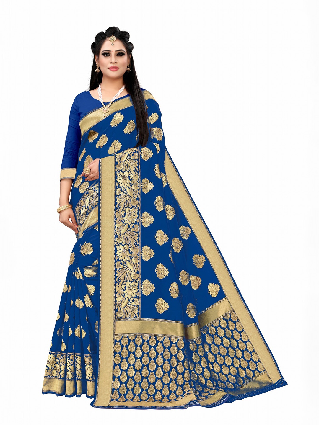 

Vrundavan ethics Ethnic Motifs Zari Art Silk Banarasi Saree, Blue
