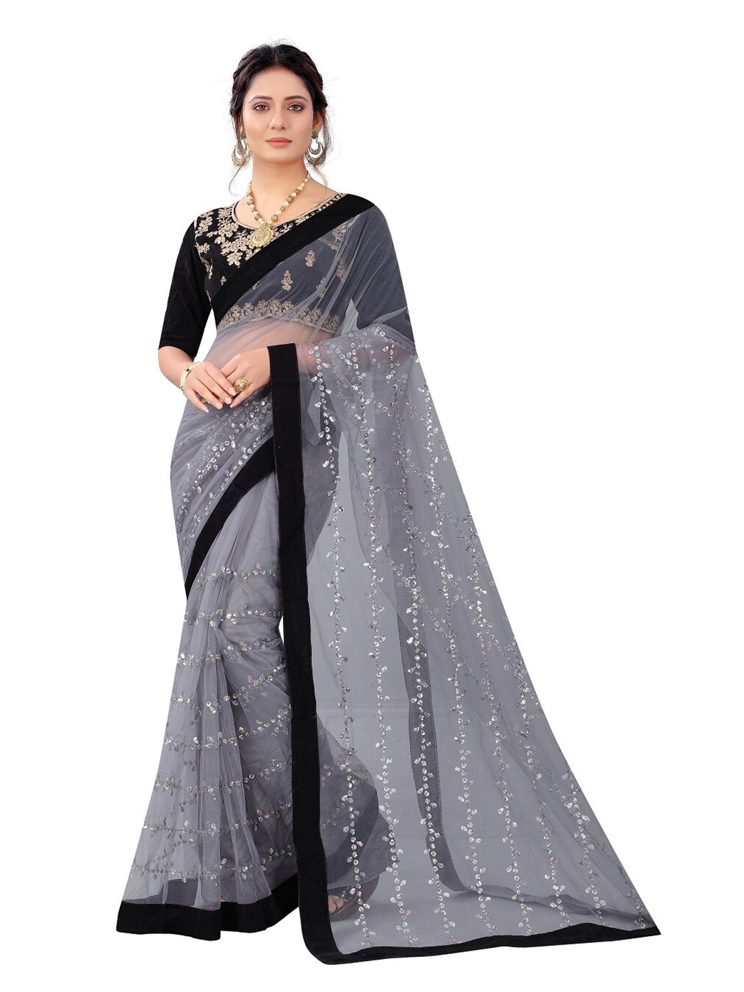 

Vrundavan ethics Embellished Net Fusion Leheriya Saree, Grey