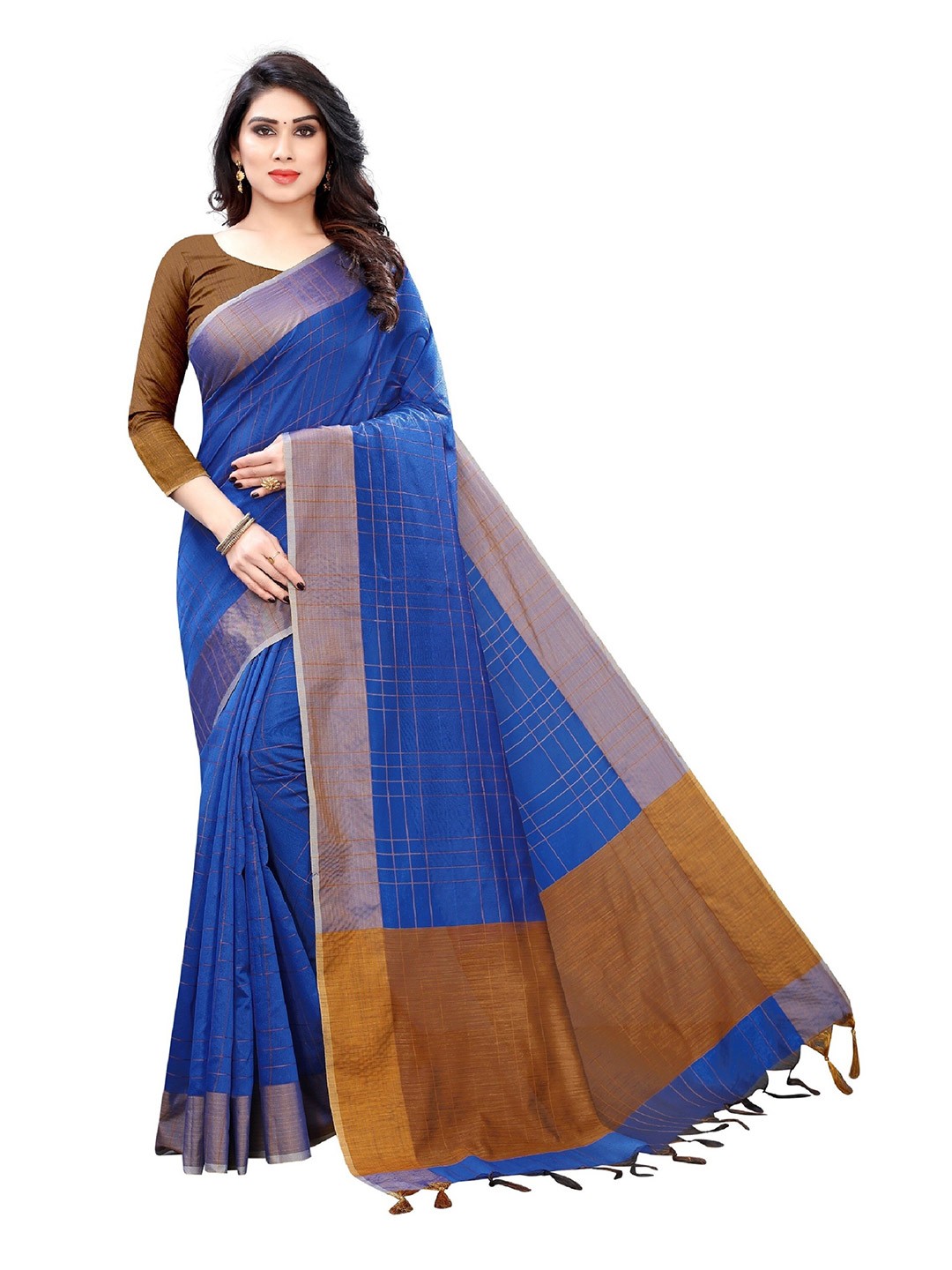 

Vrundavan ethics Checked Zari Art Silk Kanjeevaram Saree, Blue