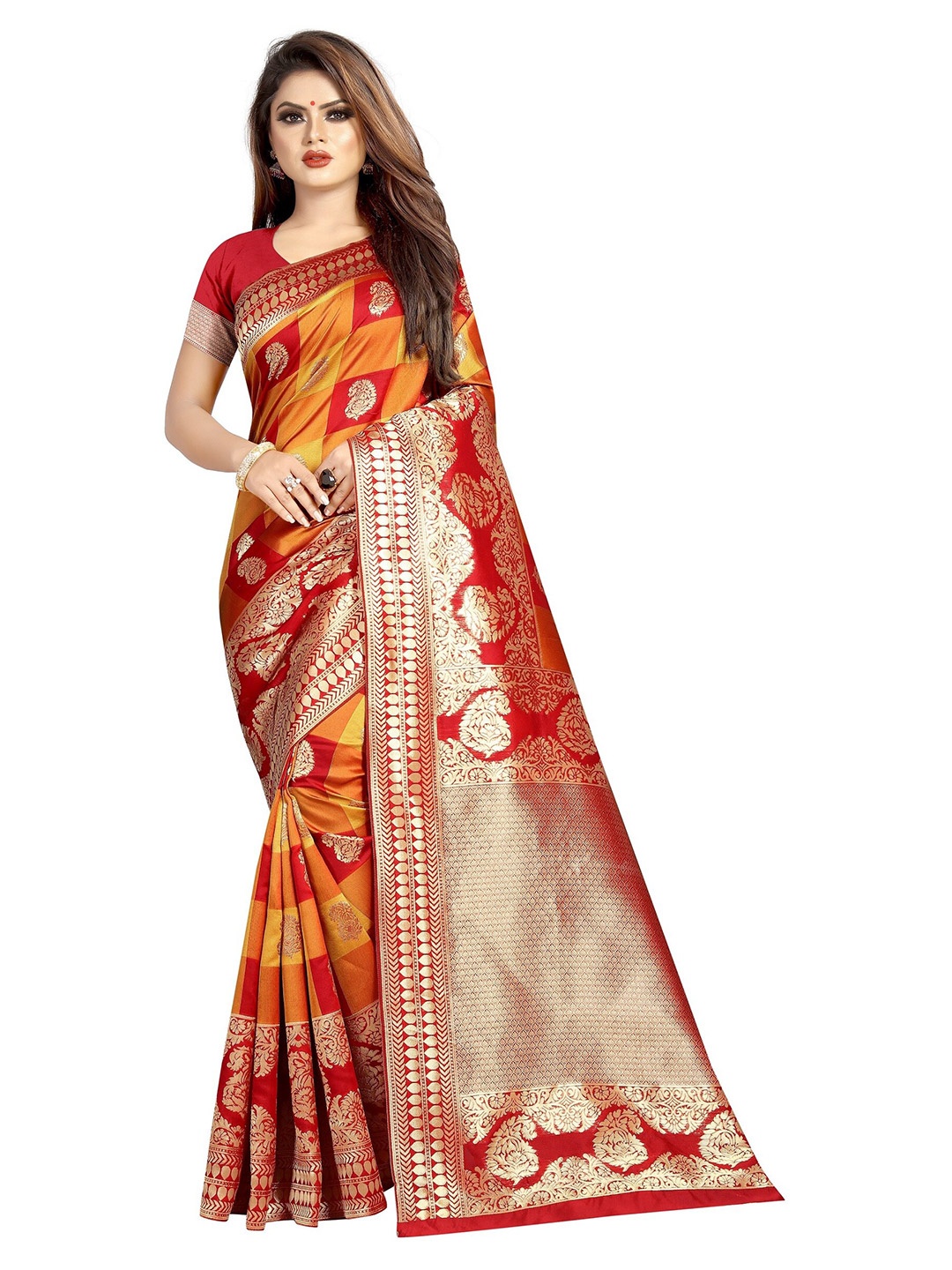 

Vrundavan ethics Paisley Zari Art Silk Banarasi Saree, Red