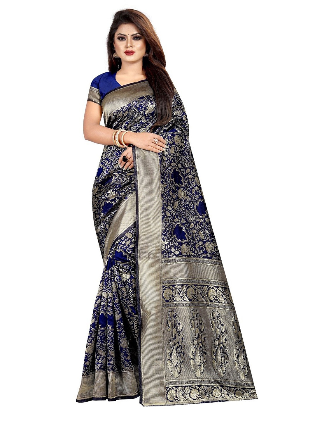 

Vrundavan ethics Navy Blue & Gold-Toned Ethnic Motifs Zari Art Silk Banarasi Saree