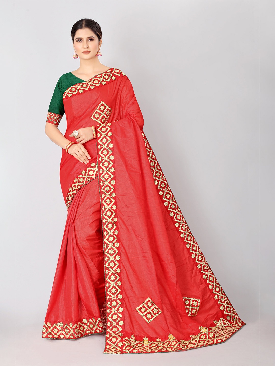 

Vrundavan ethics Embellished Embroidered Art Silk Leheriya Saree, Red