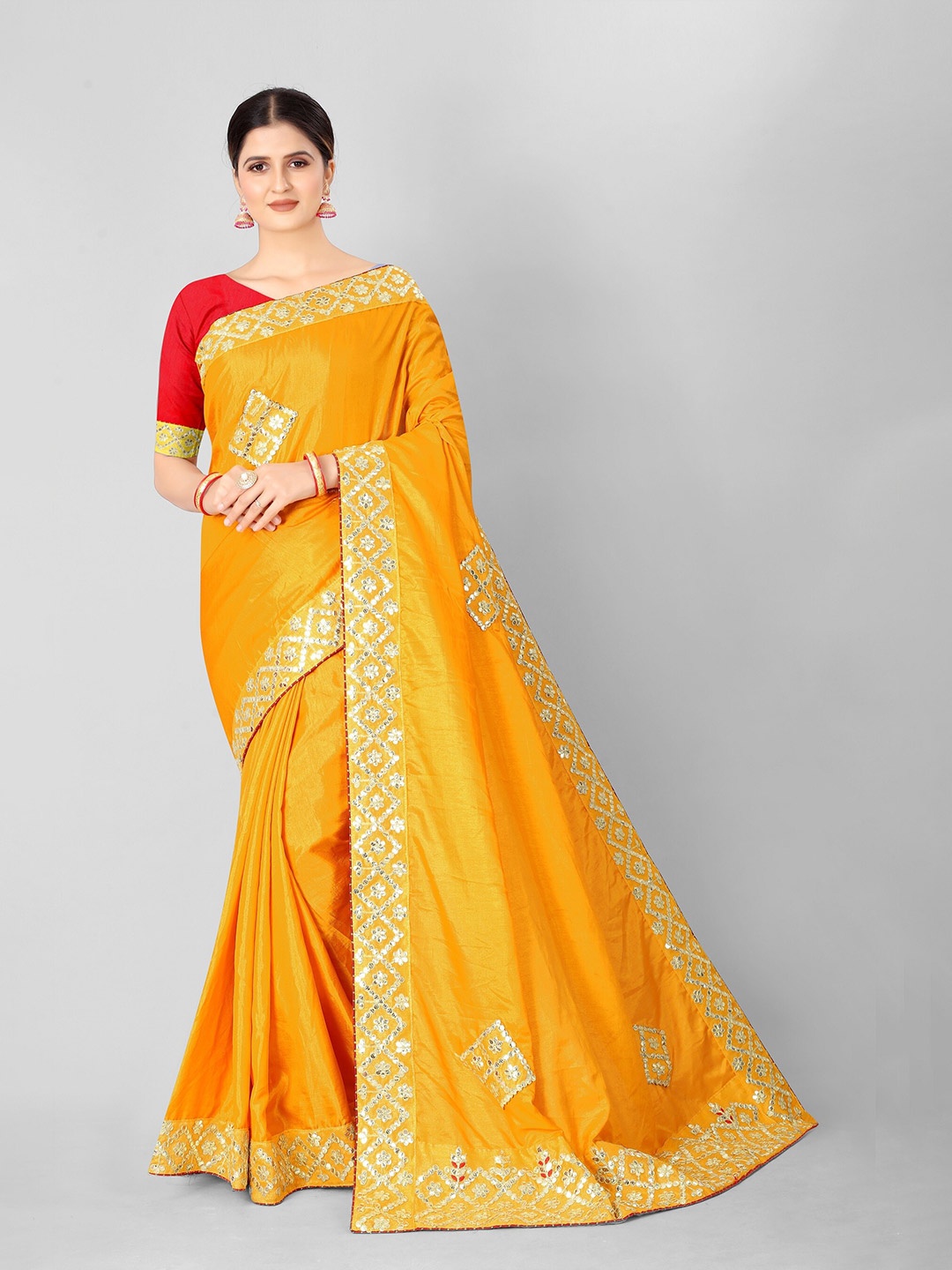 

Vrundavan ethics Embellished Embroidered Art Silk Leheriya Saree, Yellow