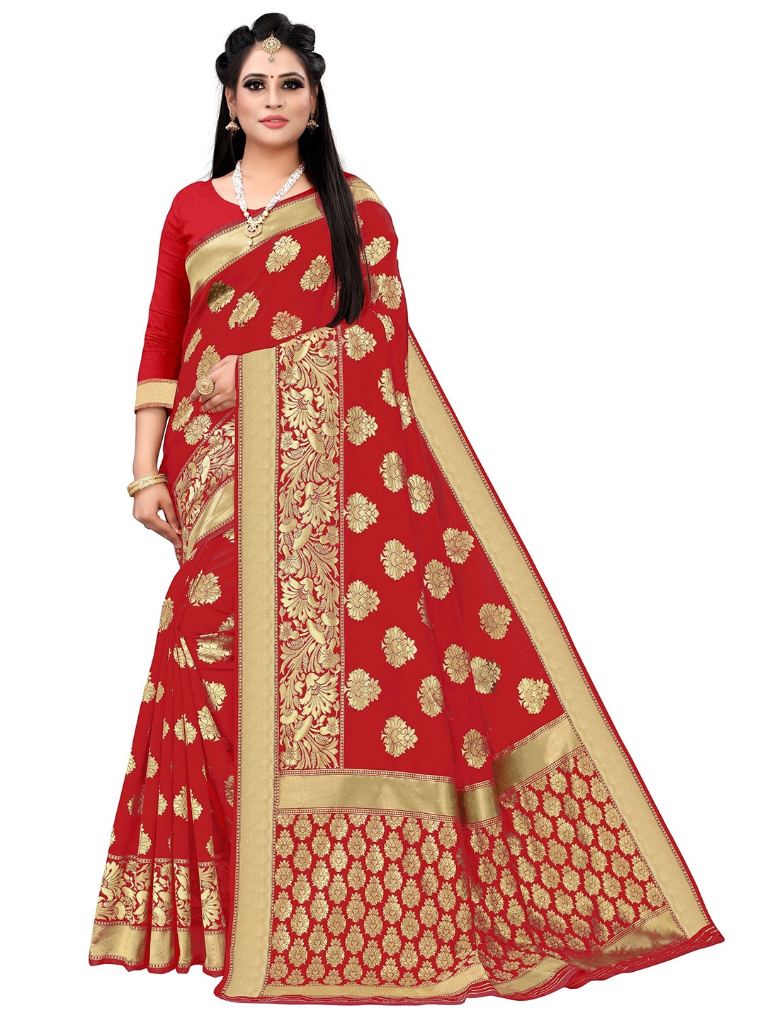 

Vrundavan ethics Woven Design Zari Art Silk Leheriya Saree, Red