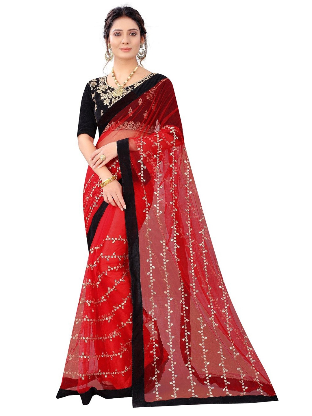 

Vrundavan ethics Embellished Embroidered Net Banarasi Saree, Red