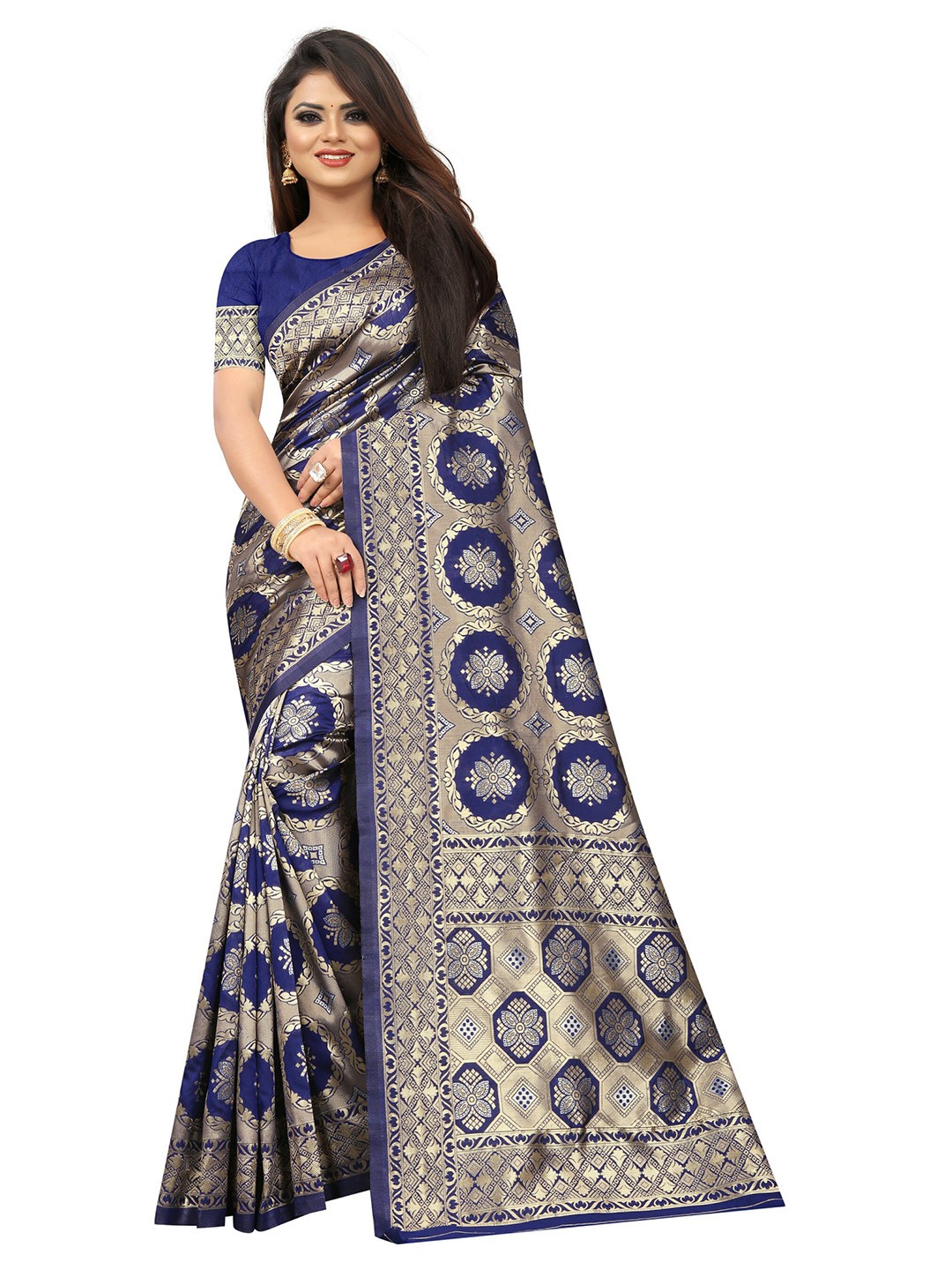 

Vrundavan ethics Woven Design Zari Art Silk Kanjeevaram Saree, Navy blue