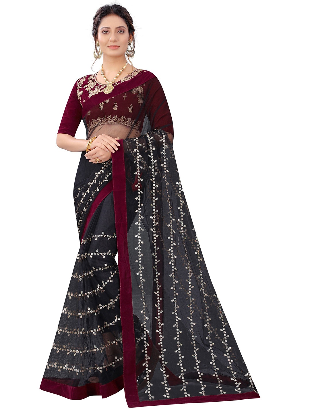 

Vrundavan ethics Embellished Sequinned Net Paithani Saree, Black