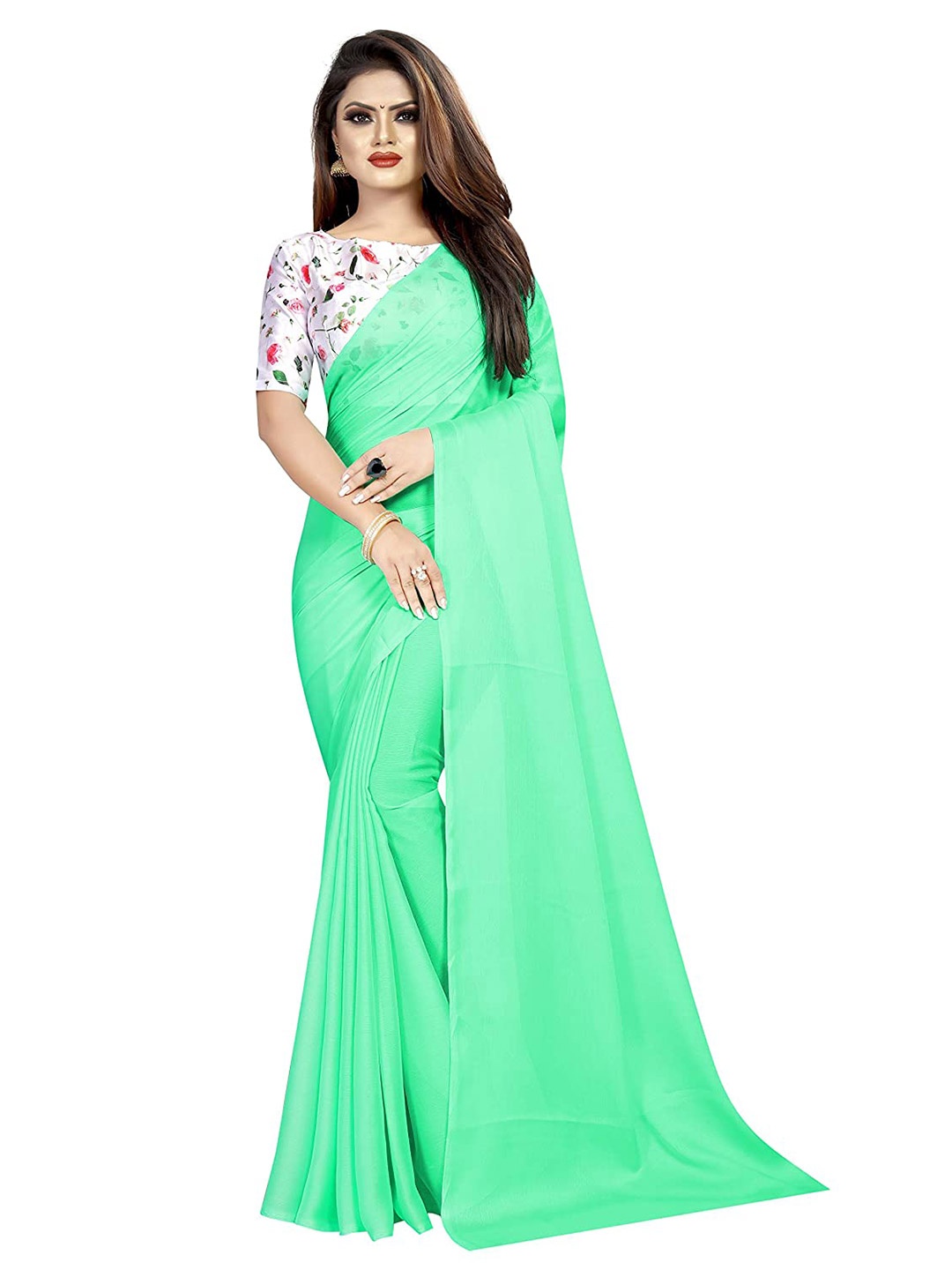 

Vrundavan ethics Pure Chiffon Saree With Printed Blouse, Sea green