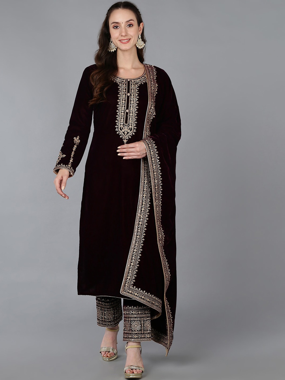 

AHIKA Ethnic Motifs Embroidered Velvet Kurta with Trousers & With Dupatta, Burgundy
