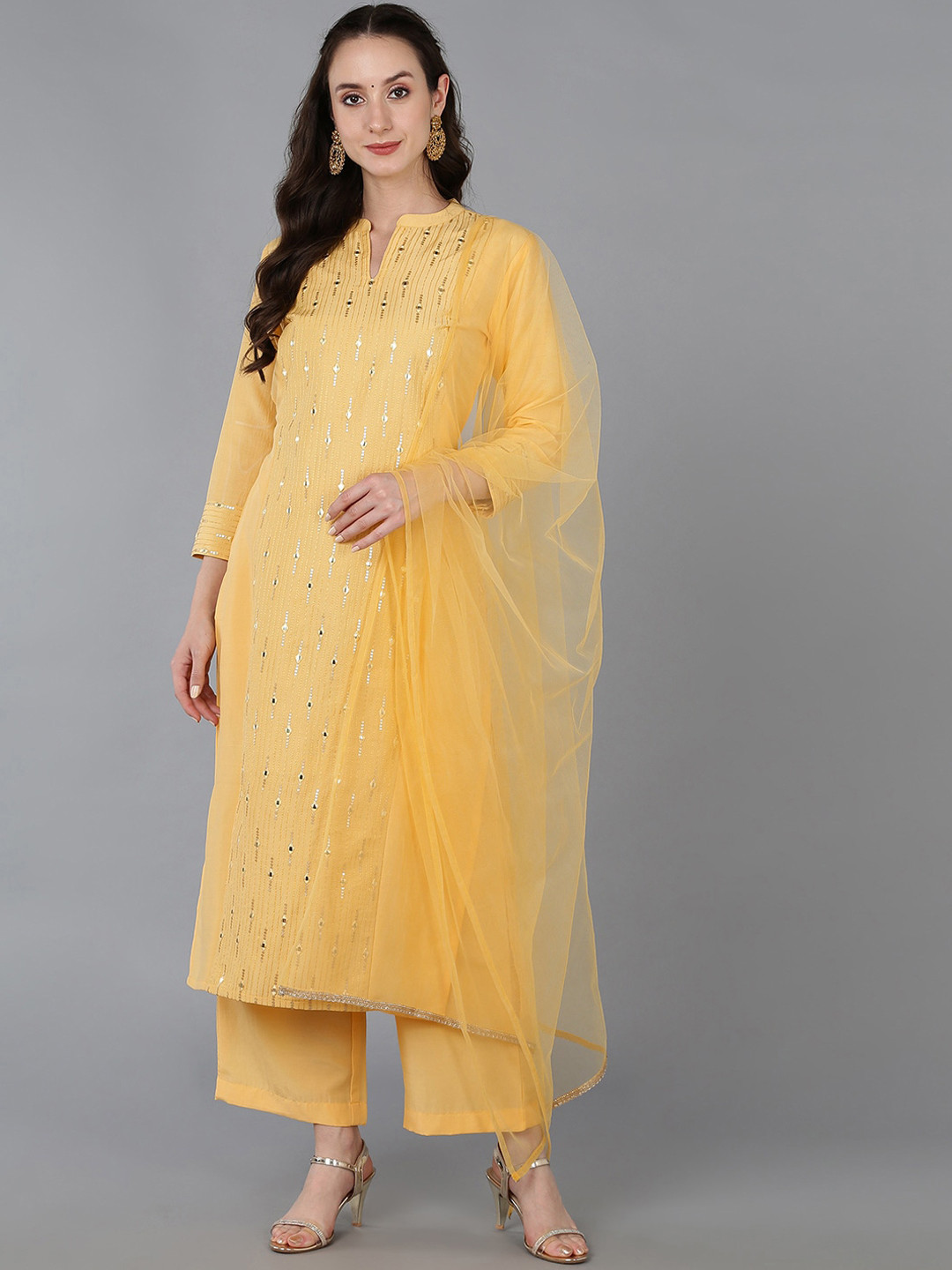 

AHIKA Embroidered Mirror Work Silk Blend Kurta with Palazzos & With Dupatta, Yellow