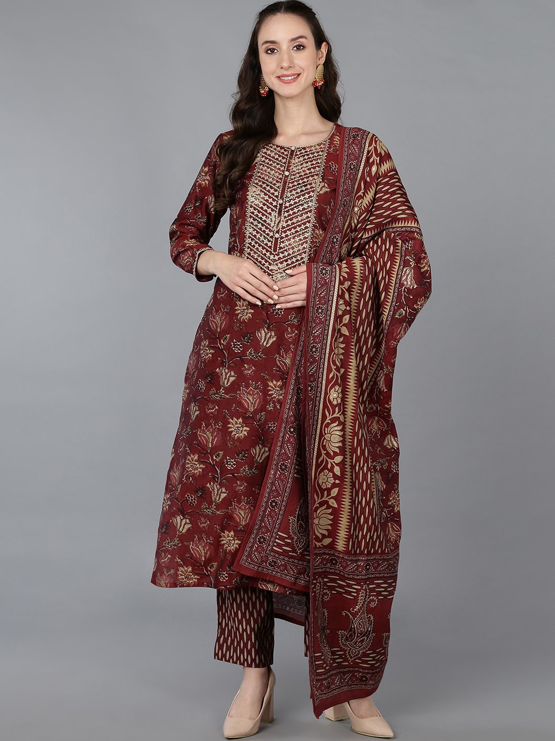 

AHIKA Floral Embroidered Kurta with Trousers & With Dupatta, Maroon